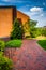 Building and brick walkway at John Hopkins University in Baltimore, Maryland.