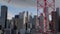 Building crane animation , city background, skyscraper landscape view. Metal construction