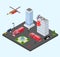 Building in fire vector illustration isometric. Emergency firefighting rescue service fire engine, helicopter.