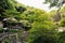 Building and forested valley of the Minoo Park, Osaka, Japan in summer