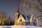 The building of the former Lutheran church, winter night. Melnikovo