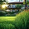 A building framed by lush green grass in a peaceful setting