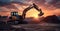 Building the Future, Busy Excavators Transforming the Construction Site in sunset background. Generative AI