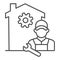 Building with gear and engineer thin line icon, smart home concept, smart house repair worker sign on white background