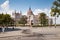 The building of the Hungarian parliament. Front view. Statue of rider on horseback