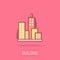 Building icon in comic style. Town skyscraper apartment cartoon vector illustration on isolated background. City tower splash