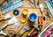 Building implements set for repair on wooden background top view