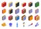 Building insulation icons set isometric vector. Rool wool