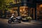 building with a large window facade showcasing a coffee shop cafe inside, electric delivery scooter parked outside.