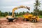 Building Machines: Digger loading trucks with soil. Excavator loading sand into a dump truck.