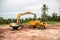 Building Machines: Digger loading trucks with soil. Excavator loading sand into a dump truck.