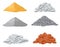 Building material piles. Red and lime brick, cement heaps. Gravel pile and reinforced concrete slabs isolated vector set