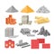 Building materials flat vector illustrations set. Cement, sand and gravel piles. Construction, renovation works supplies