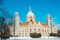 Building of the new city hall of the city of Hanover against clear blue sky on a winter day.