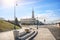 The building of the new River Station with a star on the spire and the Moskva River in Moscow