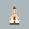 Building of Orthodox church. Catholic temple with arched windows and golden cross on roof. Religious architecture