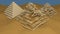 Building pyramids in the sandy desert. 3d computer animation of building. Travel annoucement banner. Desert with sand