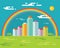 Building and rainbow in city - vector concept illustration in flat design style for presentation, booklet, web site and different