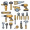 Building and repair tools icons, construction tools kit - drill, hammer, screwdriver, saw, file, putty knife, ruler,