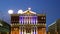 The building of the residence of the Mayor of Moscow with illumination at night, against the background of fireworks. Moscow