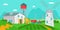 Building at rural nature, countryside farm landscape vector illustration. Cartoon village with green summer field land