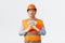 Building sector and industrial workers concept. Thoughtful and perplexed asian construction manager in helmet and