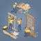 Building services. Floor and door installer. Worker, tools. Isometric.Vector.