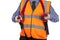 Building Surveyor in orange visibility vest putting on safety harness