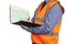 Building Surveyor in orange visibility vest writing in site folder