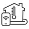 Building and thermometer with smartphone line icon, smart home symbol, remote heating control vector sign on white