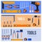 Building tools banner set vector flat illustration. Repair service engineering construction