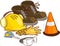 The building tools and protective means. Working boots, tools, building helmet, goggles ,meter gloves,