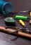 Building tools on wooden background, repair kit, bright screwdrivers, hammer, utility knife,