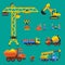 Building under construction vector crane and workers buildings construction technic illustration. Mixer truck builders