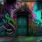 Building with wall and door covered in colorful graffiti created using generative ai technology