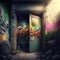 Building with walls and door covered in colorful graffiti created using generative ai technology