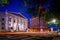 Buildings along Elm Street at night, in downtown New Haven, Conn