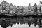 Buildings and boats along the Amsterdam Canals in Black and White