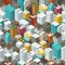 Buildings city seamless pattern. Isometric top view. Vector town city street. Multi-colored style background. Highly detailed