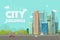 Buildings city vector illustration, flat skyscrapers near forest trees panorama, cityscape architecture, urban street