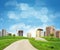 Buildings, construction site, green hills, road