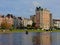 Buildings in eclectic art nouveau style on the embankment of Ixelles lakes and Sainte-Croix church