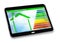 Buildings energy efficiency concept image. 3D render of a digital tablet with home and energy classes according to the new Europe