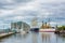 Buildings and historic ships at Penn`s Landing, in Philadelphia, Pennsylvania