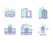 Buildings, Hotel and Hospital building icons set. Arena stadium, Skyscraper buildings and Lighthouse signs. Vector