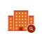 Buildings icons vector with research sign. Urban estate icon and explore, find, inspect symbol