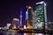 Buildings illuminated at night in Lujiazui, Pudong. Shanghai, China, October 24, 2018.