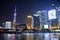 Buildings illuminated at night in Lujiazui, Pudong. Shanghai, China, October 24, 2018.