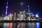 Buildings illuminated at night in Lujiazui, Pudong. Shanghai, China, October 24, 2018.