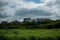 Buildings in lush green town overlooking green field under blue cloudy sky